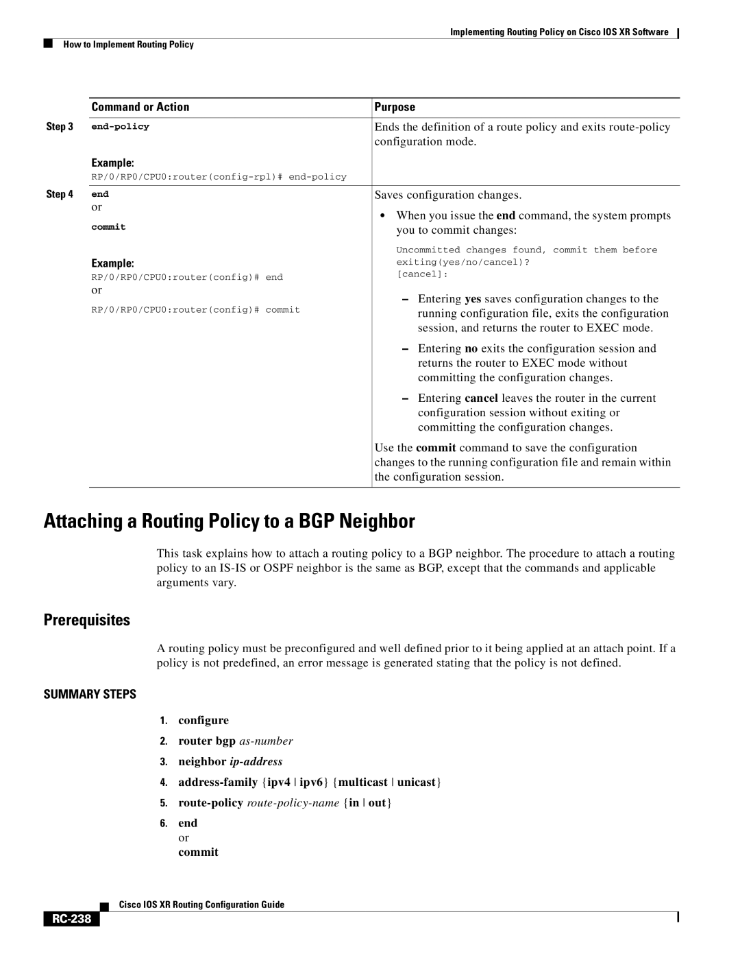 Cisco Systems IOS XR manual Attaching a Routing Policy to a BGP Neighbor, RC-238 