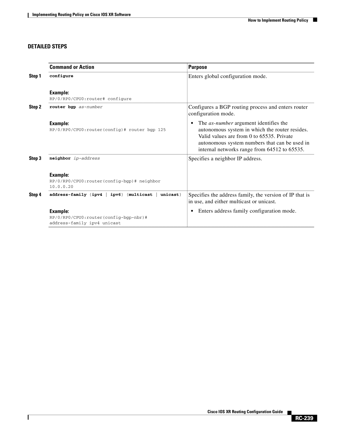 Cisco Systems IOS XR manual Enters address family configuration mode, RC-239 