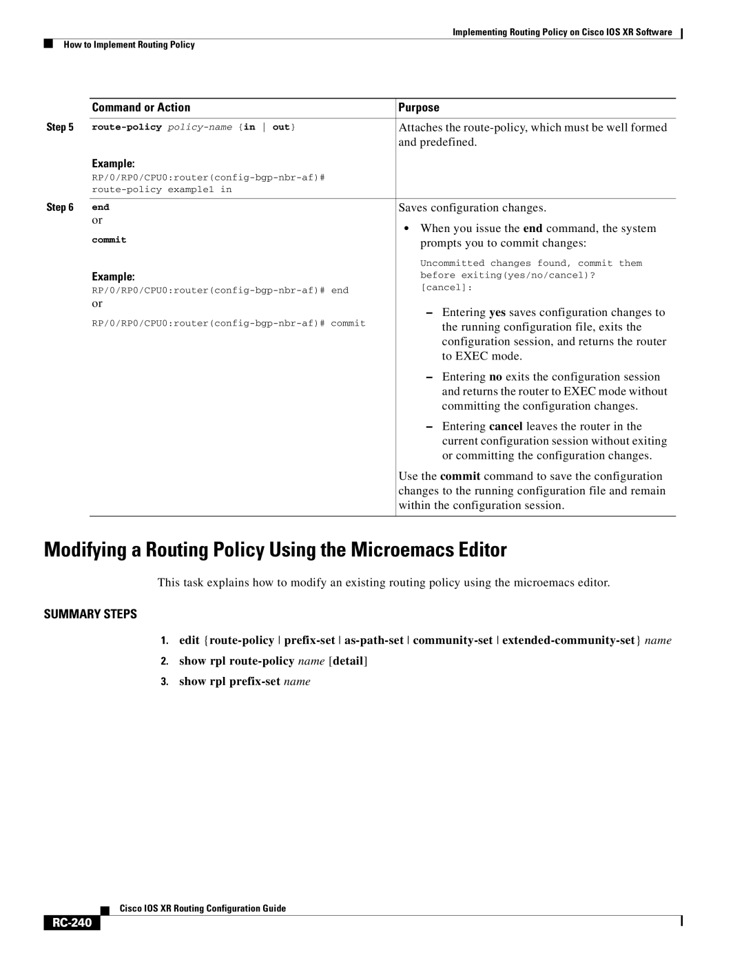 Cisco Systems IOS XR manual Modifying a Routing Policy Using the Microemacs Editor, RC-240 