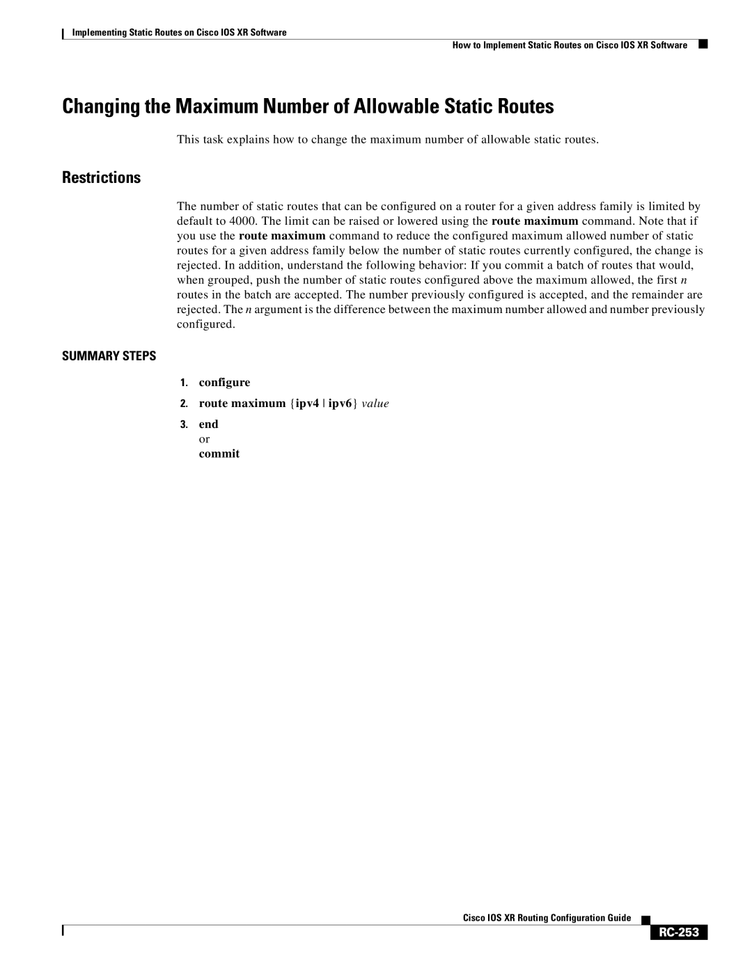 Cisco Systems IOS XR manual Changing the Maximum Number of Allowable Static Routes, RC-253 