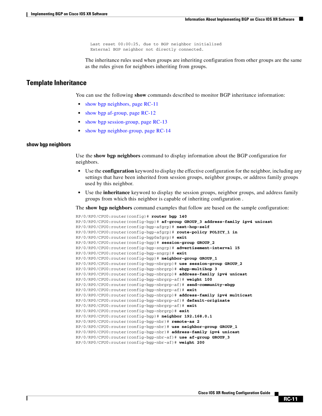 Cisco Systems IOS XR manual Template Inheritance, Show bgp neighbors, RC-11 