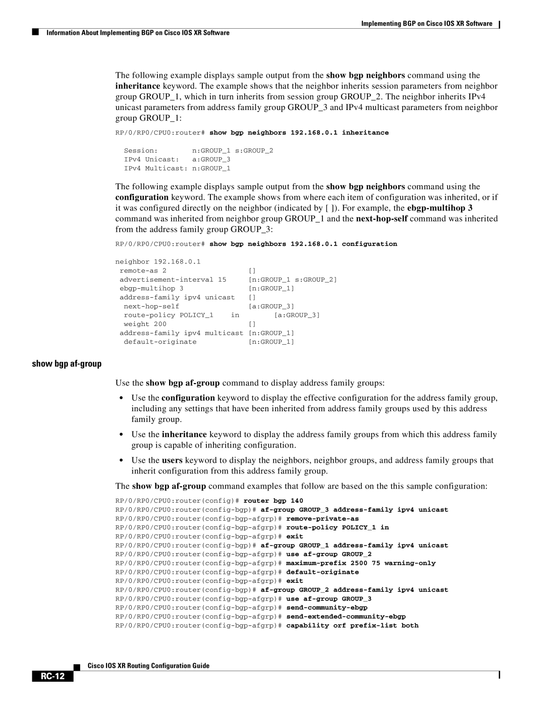 Cisco Systems IOS XR manual Show bgp af-group, RC-12 