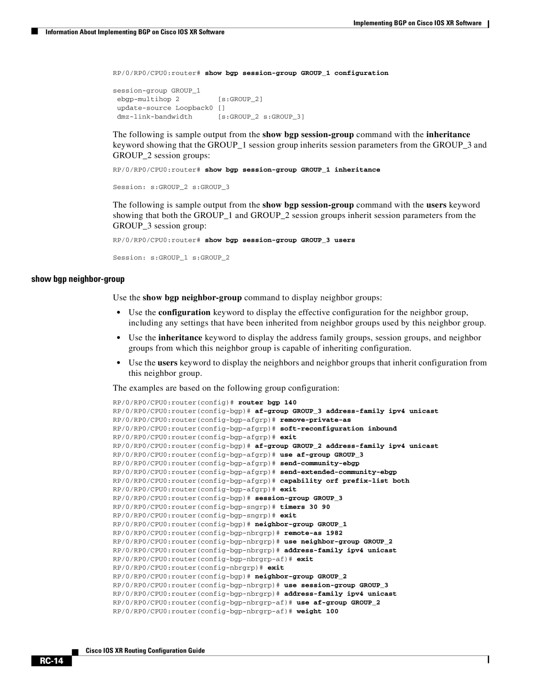 Cisco Systems IOS XR manual Show bgp neighbor-group, RC-14 