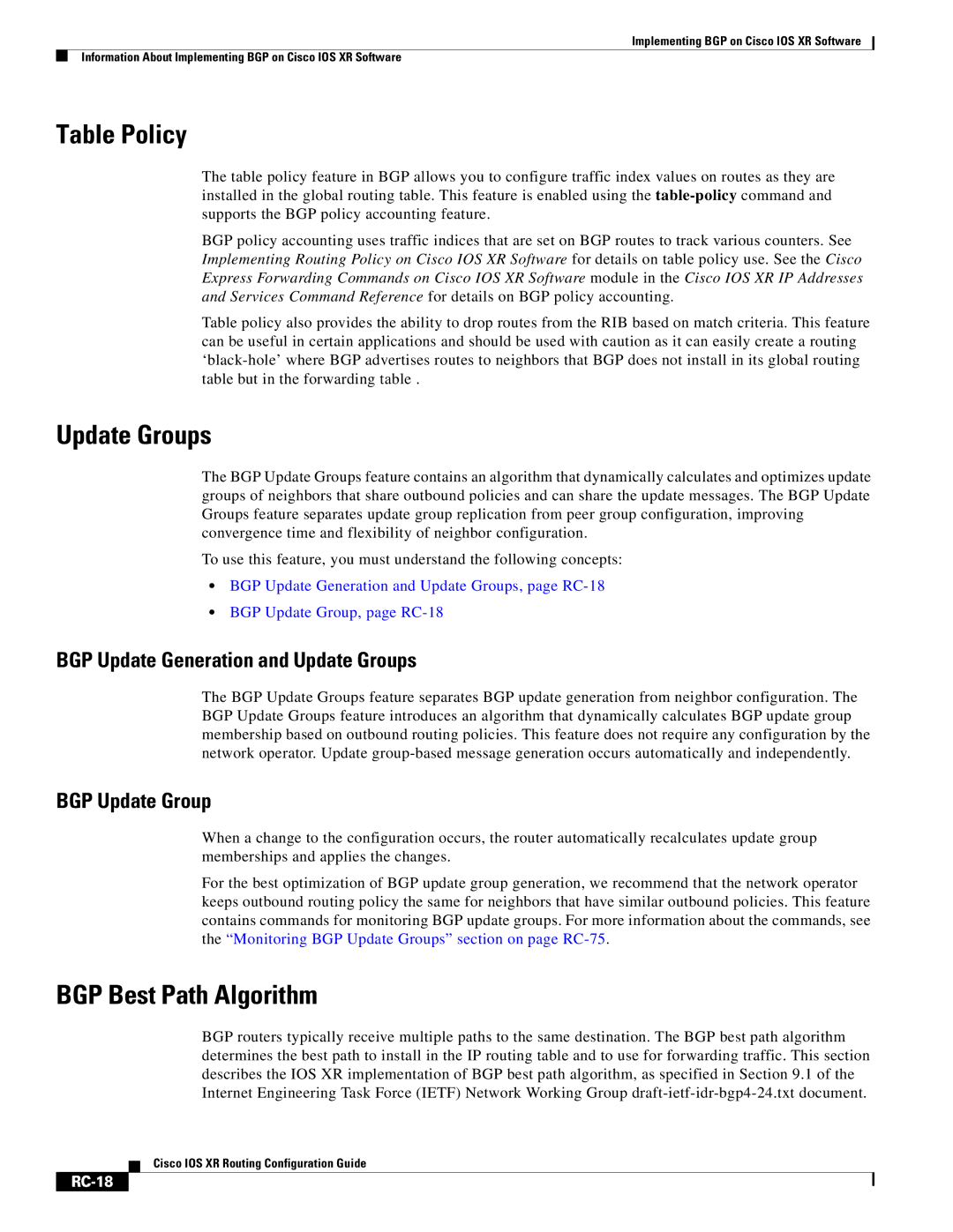 Cisco Systems IOS XR Table Policy, BGP Best Path Algorithm, BGP Update Generation and Update Groups, BGP Update Group 