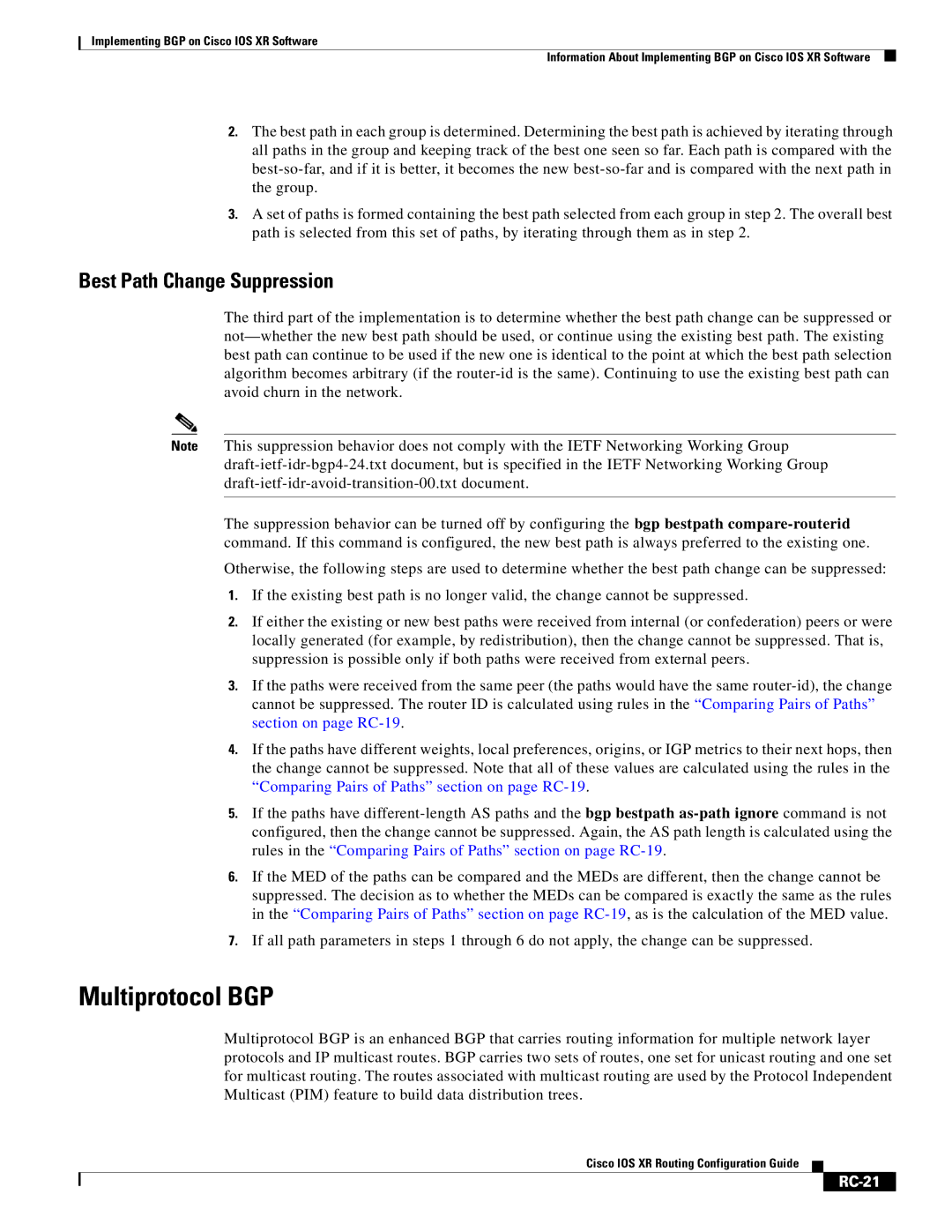 Cisco Systems IOS XR manual Multiprotocol BGP, Best Path Change Suppression, RC-21 