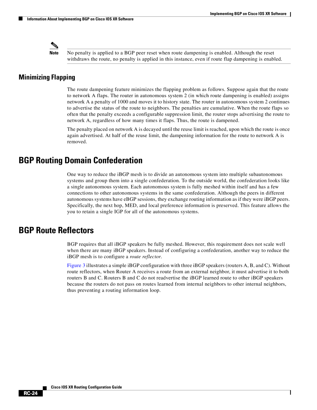 Cisco Systems IOS XR manual BGP Routing Domain Confederation, BGP Route Reflectors, Minimizing Flapping, RC-24 