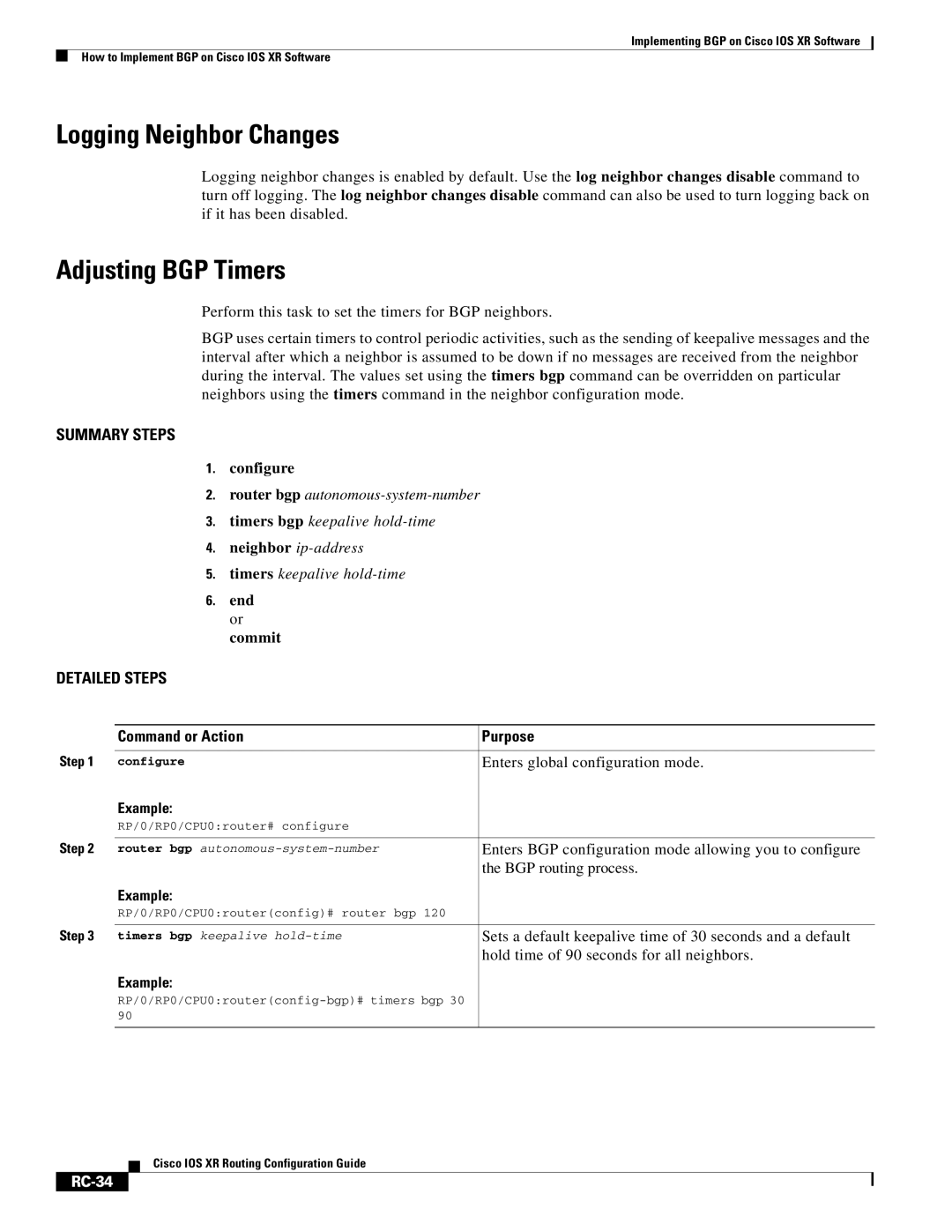 Cisco Systems IOS XR manual Logging Neighbor Changes, Adjusting BGP Timers, RC-34 