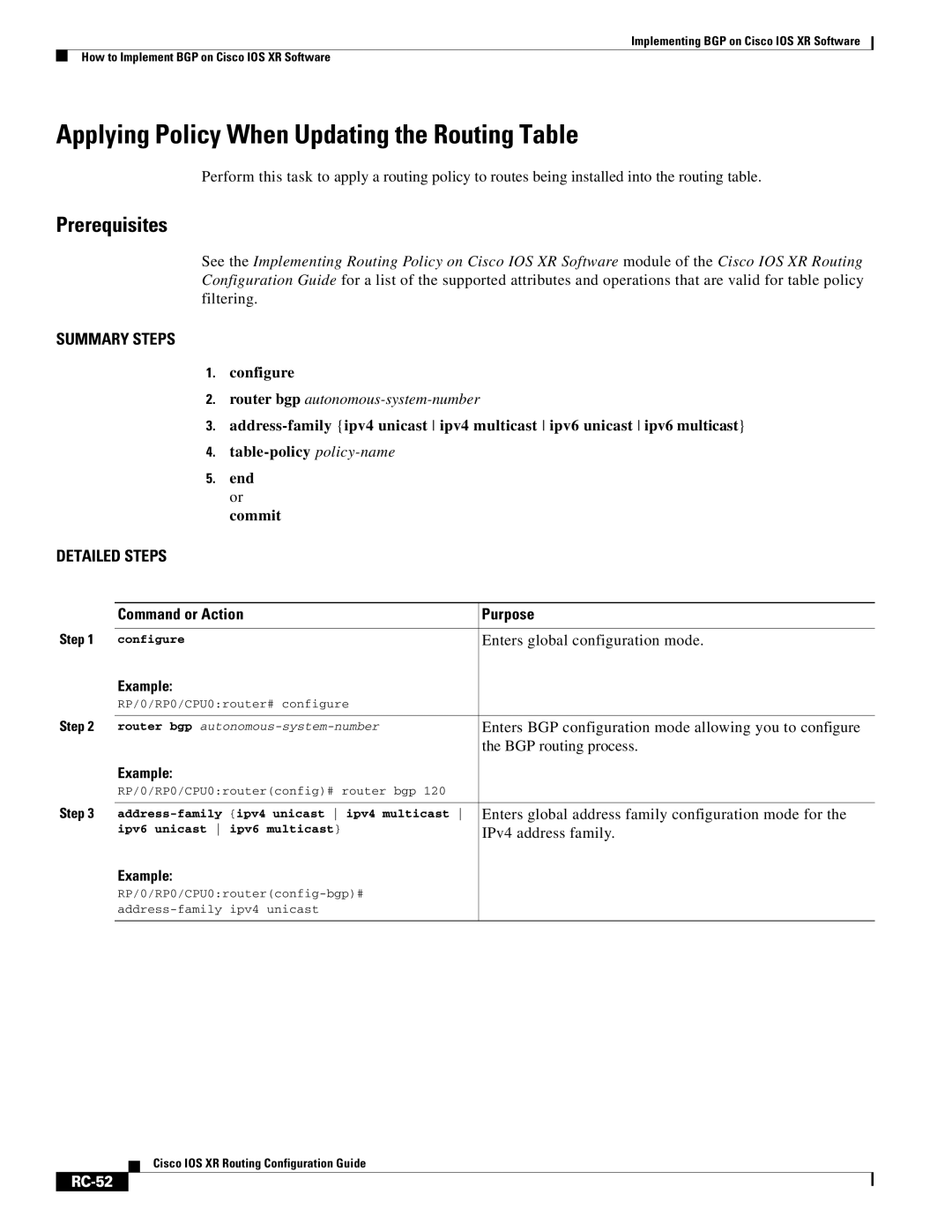 Cisco Systems IOS XR manual Applying Policy When Updating the Routing Table, RC-52 