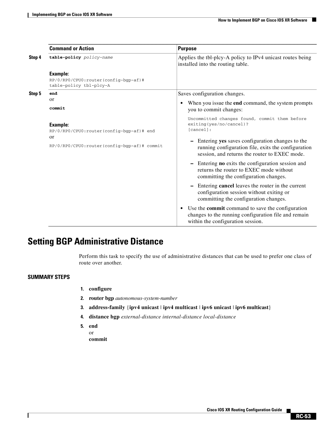 Cisco Systems IOS XR manual Setting BGP Administrative Distance, RC-53 