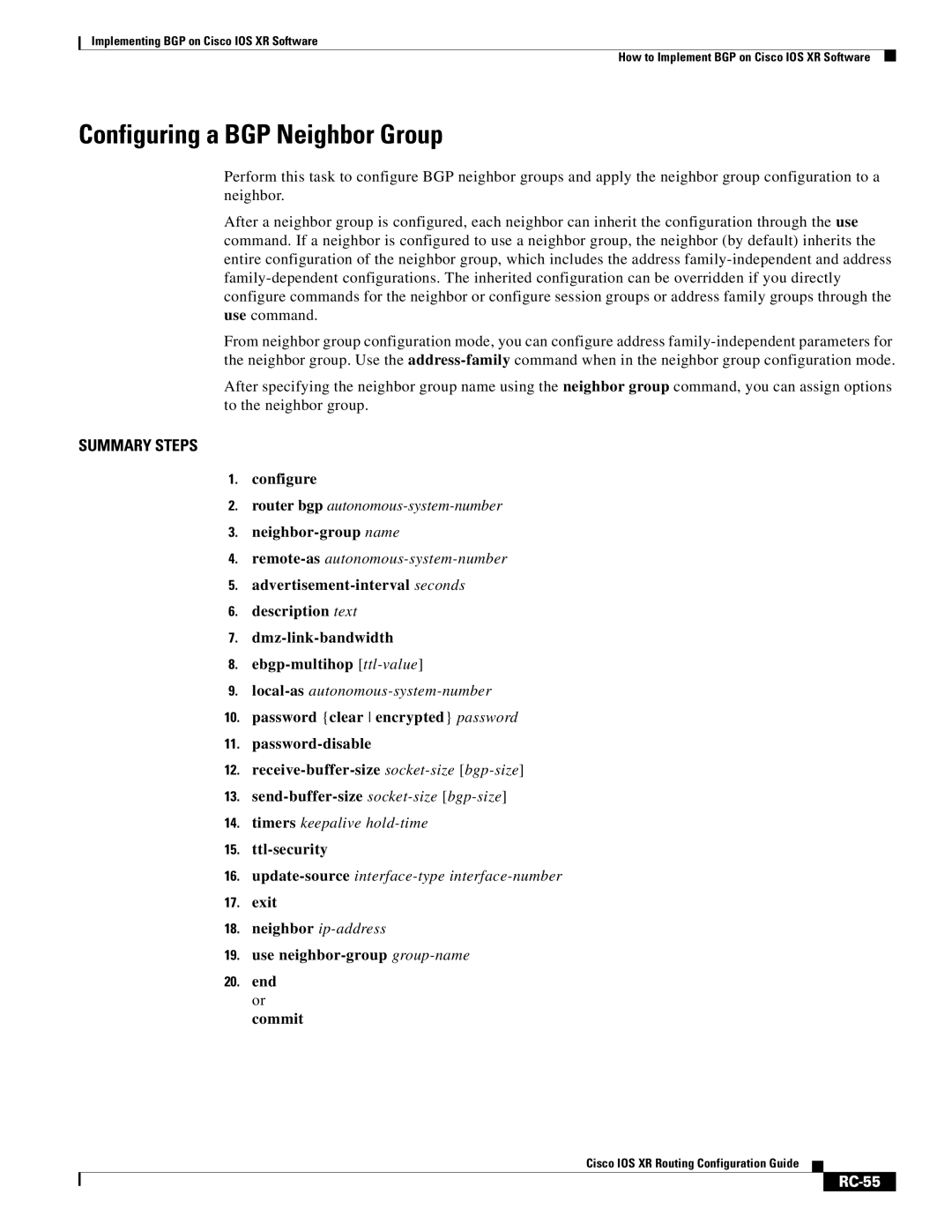 Cisco Systems IOS XR manual Configuring a BGP Neighbor Group, RC-55 