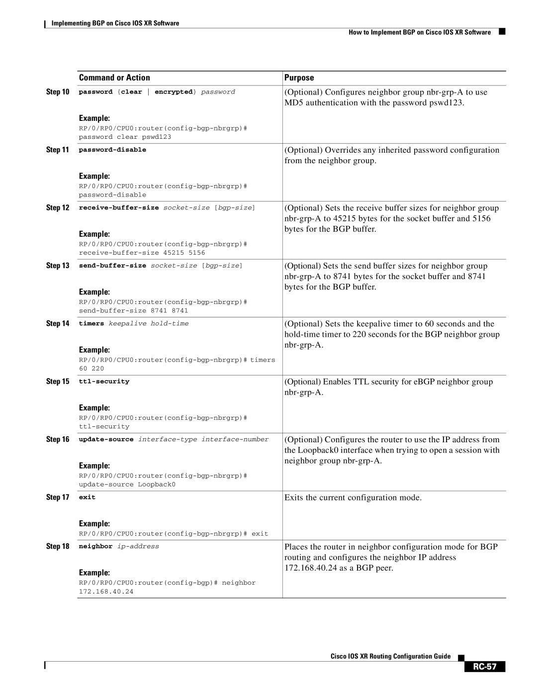 Cisco Systems IOS XR manual Bytes for the BGP buffer, RC-57 