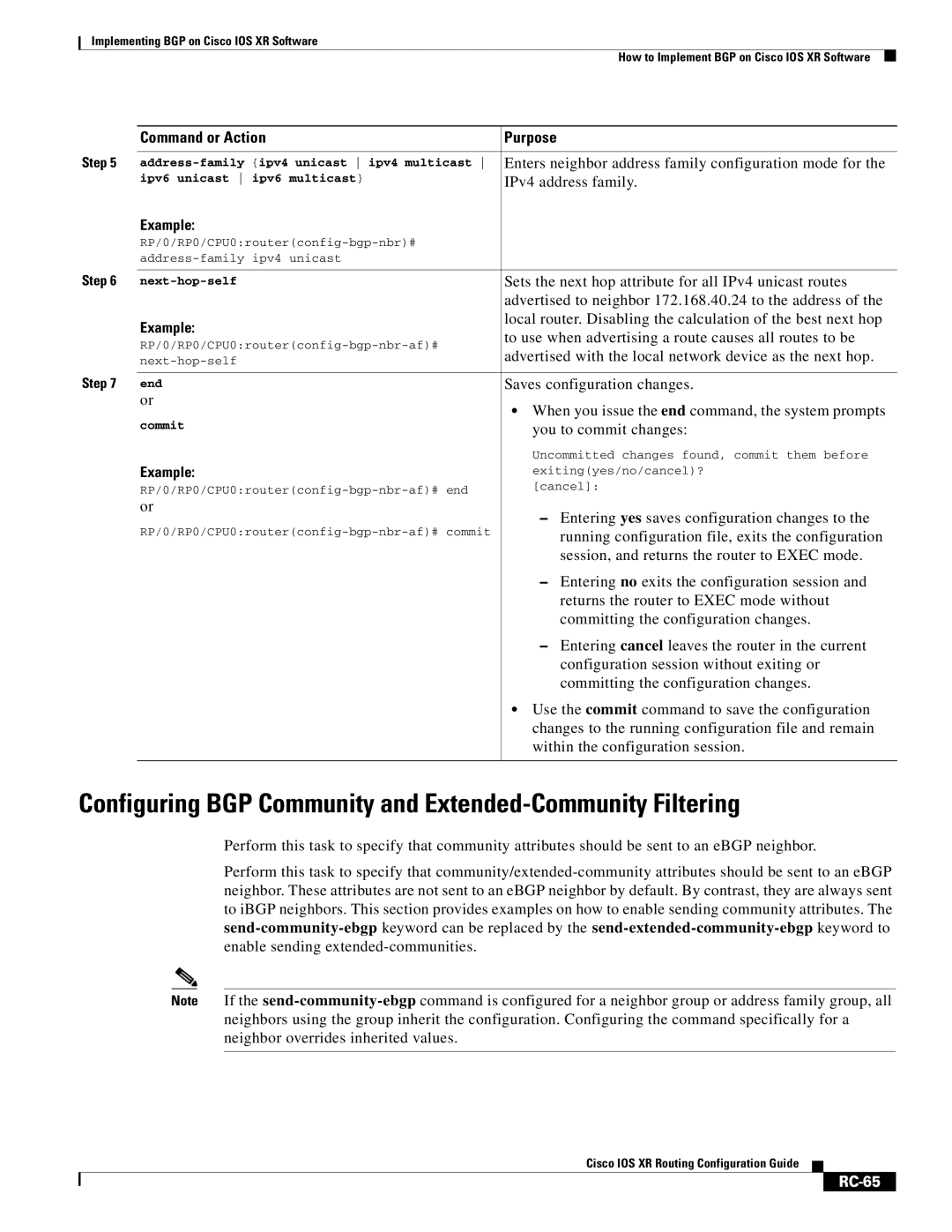 Cisco Systems IOS XR manual Configuring BGP Community and Extended-Community Filtering, RC-65 