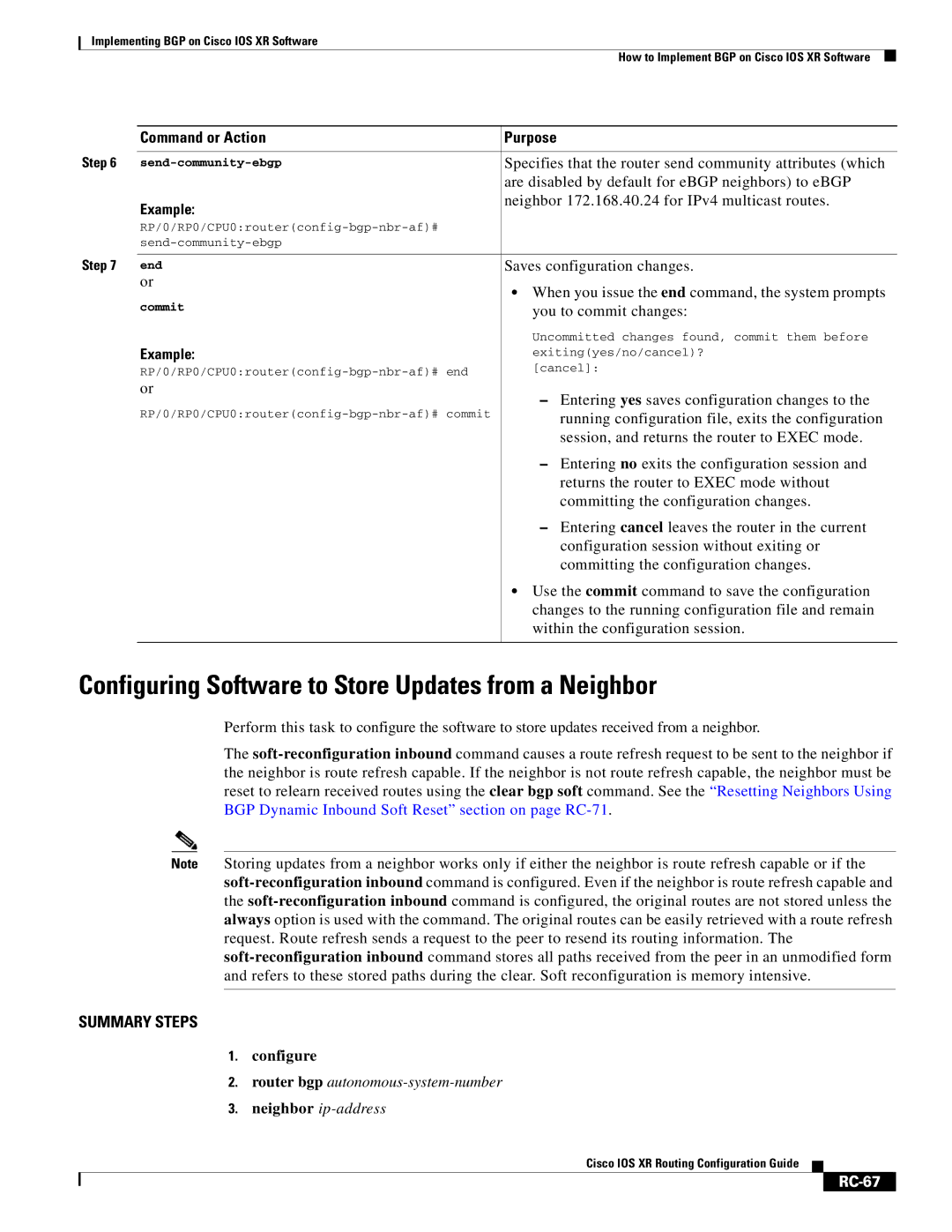 Cisco Systems IOS XR manual Configuring Software to Store Updates from a Neighbor, RC-67 