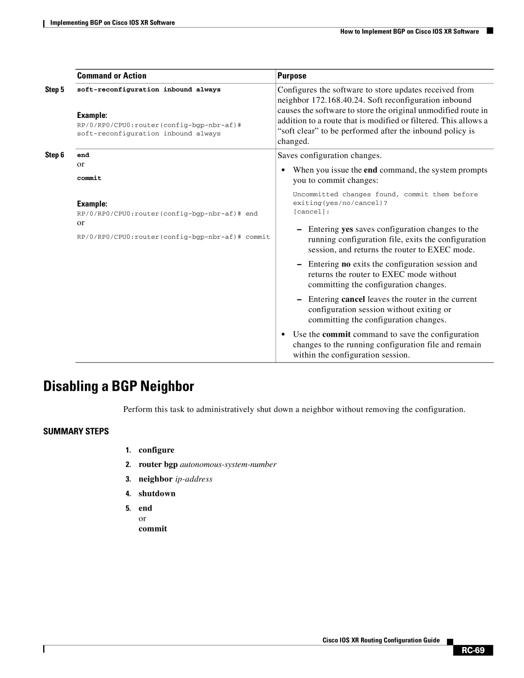 Cisco Systems IOS XR manual Disabling a BGP Neighbor, RC-69 