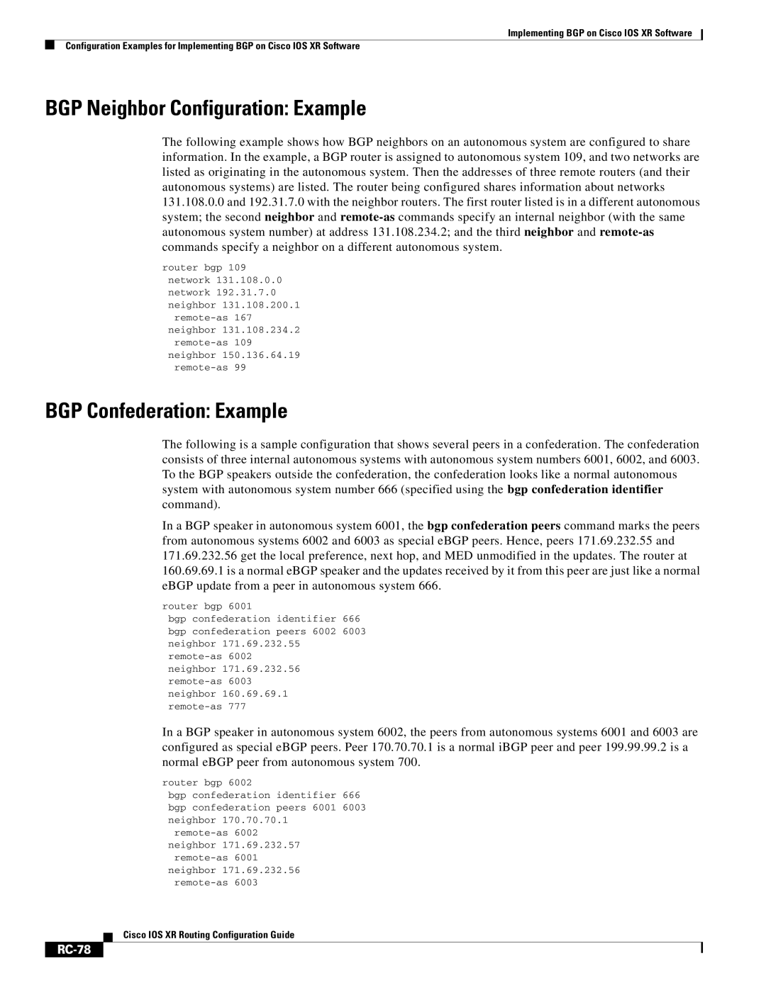 Cisco Systems IOS XR manual BGP Neighbor Configuration Example, BGP Confederation Example, RC-78 