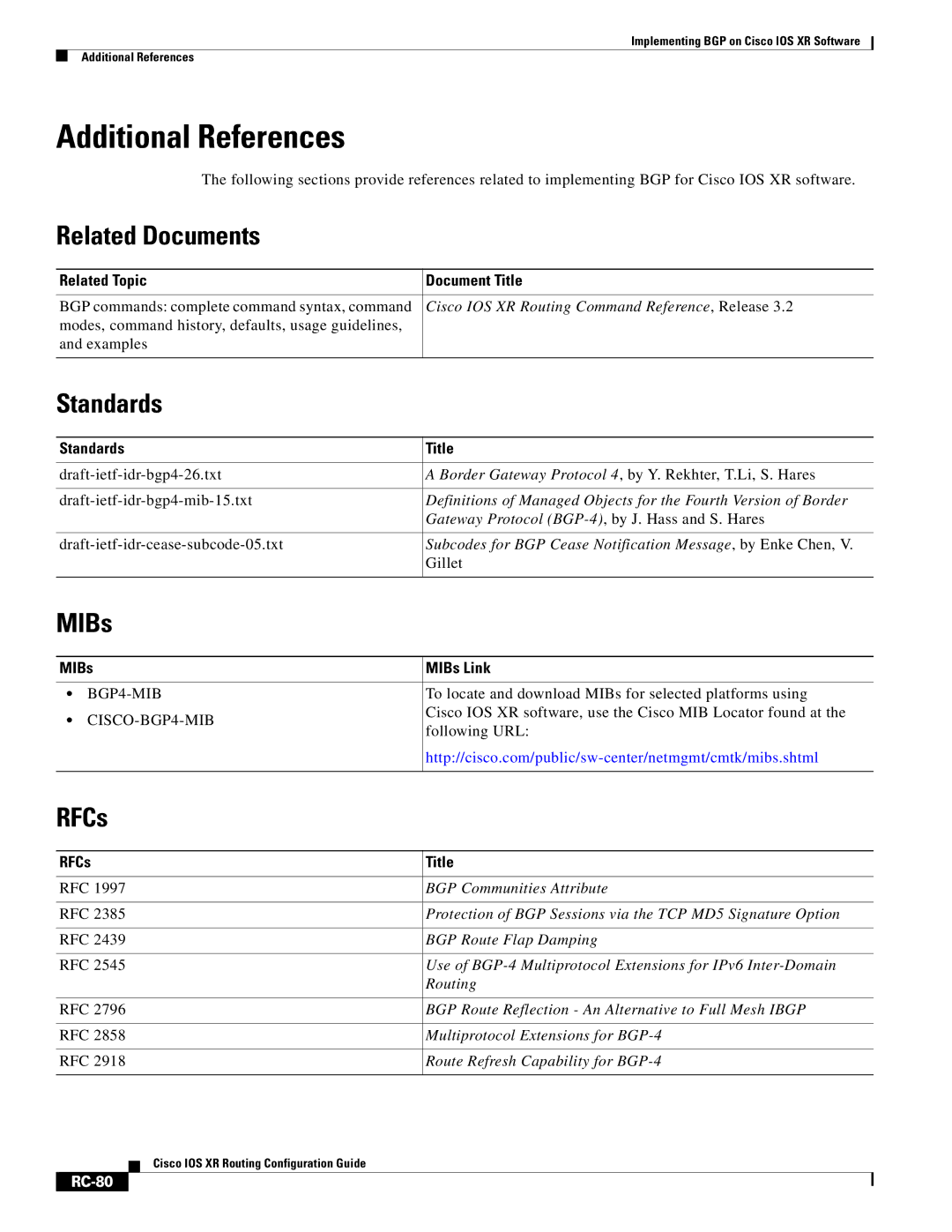 Cisco Systems IOS XR manual Additional References, Related Documents, Standards, MIBs, RFCs 