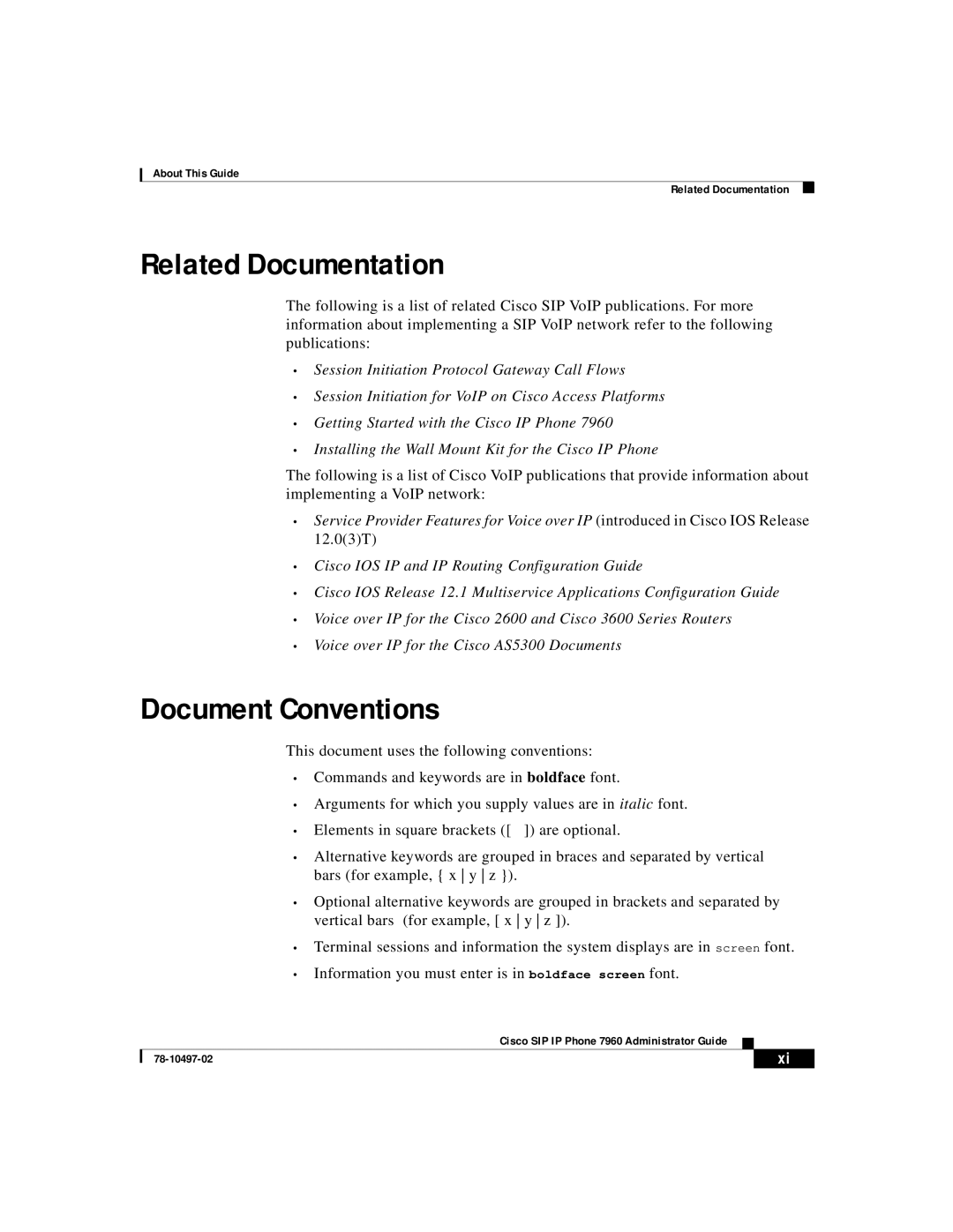 Cisco Systems IP phone 7960 manual Related Documentation, Document Conventions 