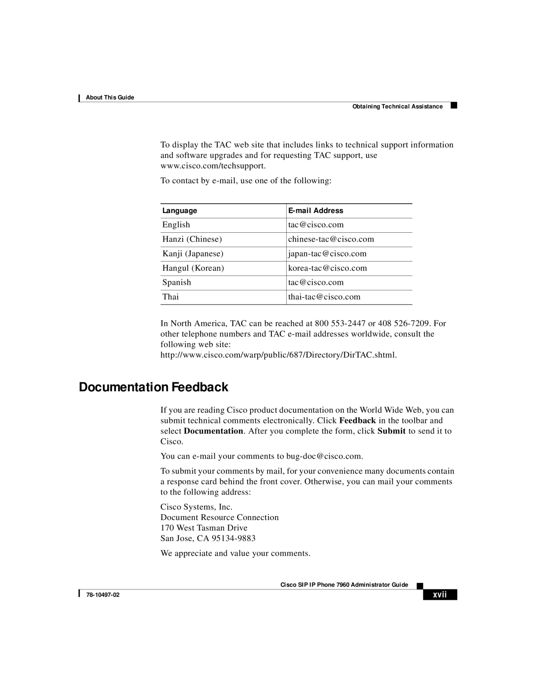 Cisco Systems IP phone 7960 manual Documentation Feedback, Language Mail Address 