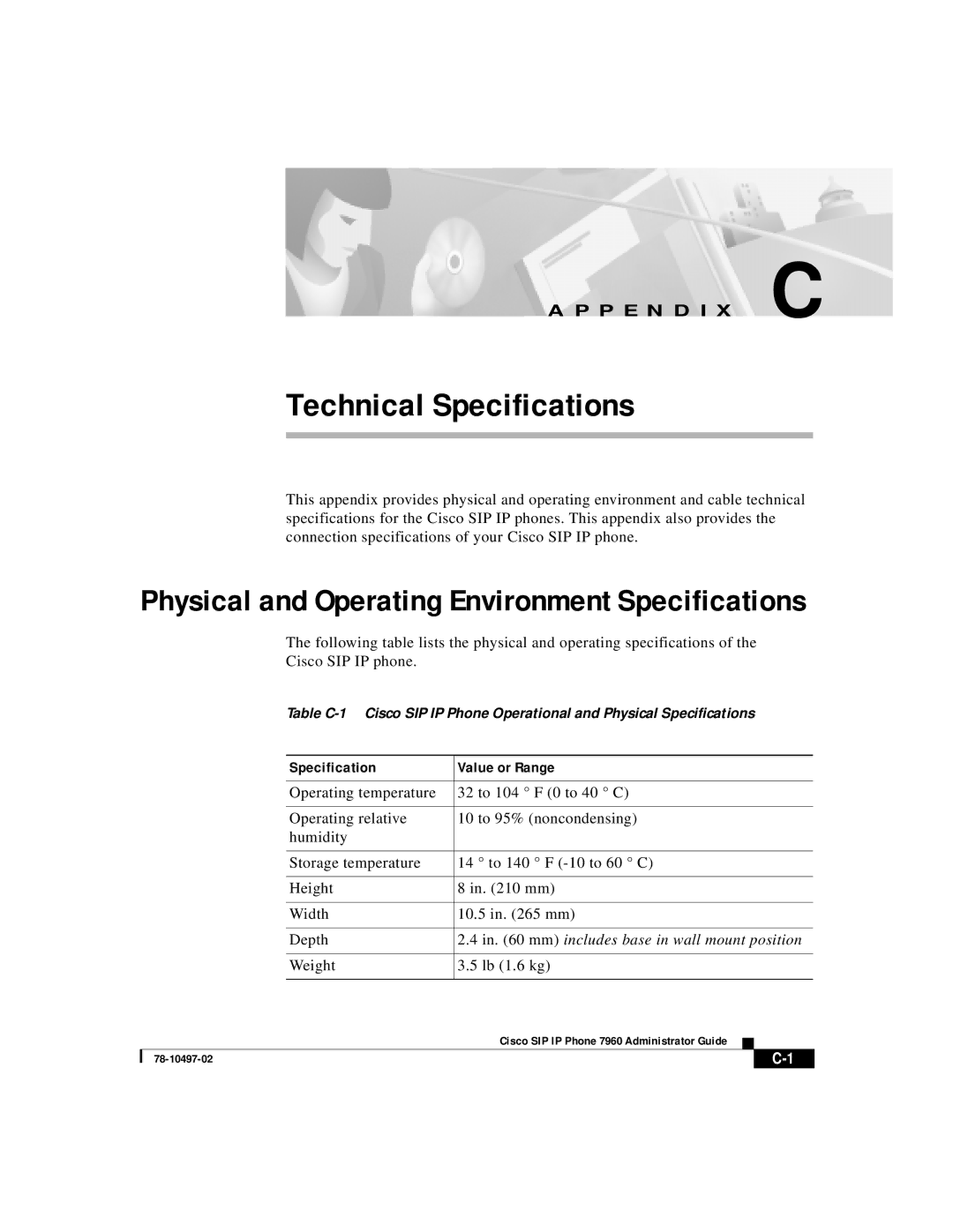 Cisco Systems IP phone 7960 manual Physical and Operating Environment Specifications, Specification Value or Range 