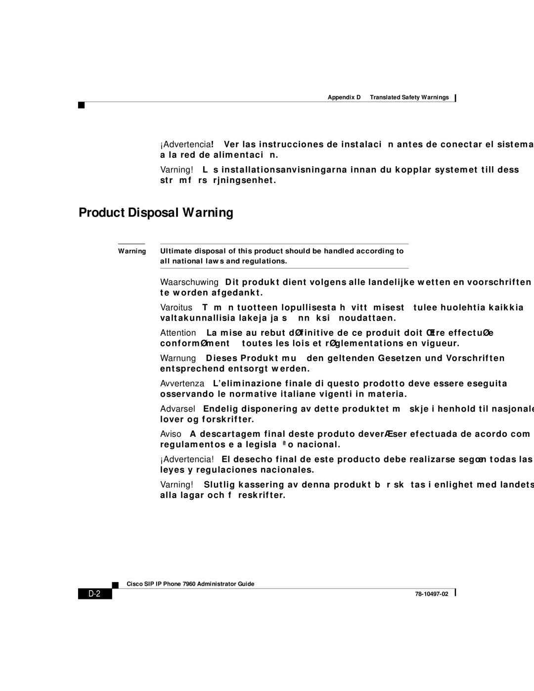 Cisco Systems IP phone 7960 manual Product Disposal Warning 