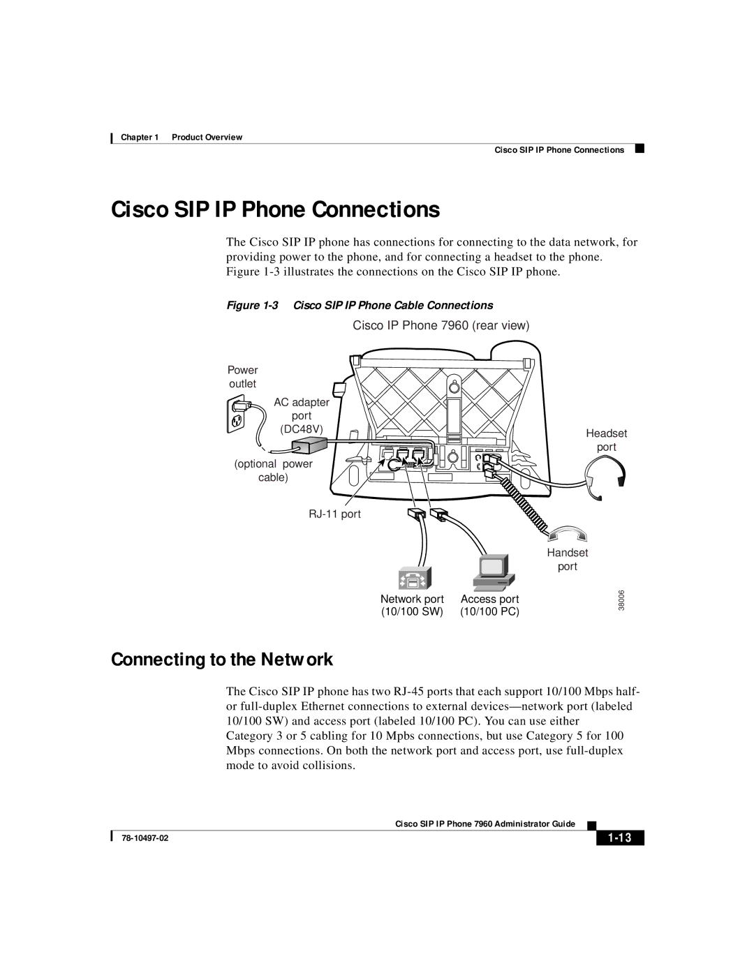 Cisco Systems IP phone 7960 manual Cisco SIP IP Phone Connections, Connecting to the Network 