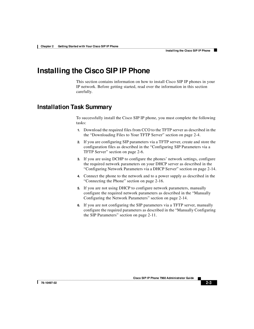 Cisco Systems IP phone 7960 manual Installing the Cisco SIP IP Phone, Installation Task Summary 