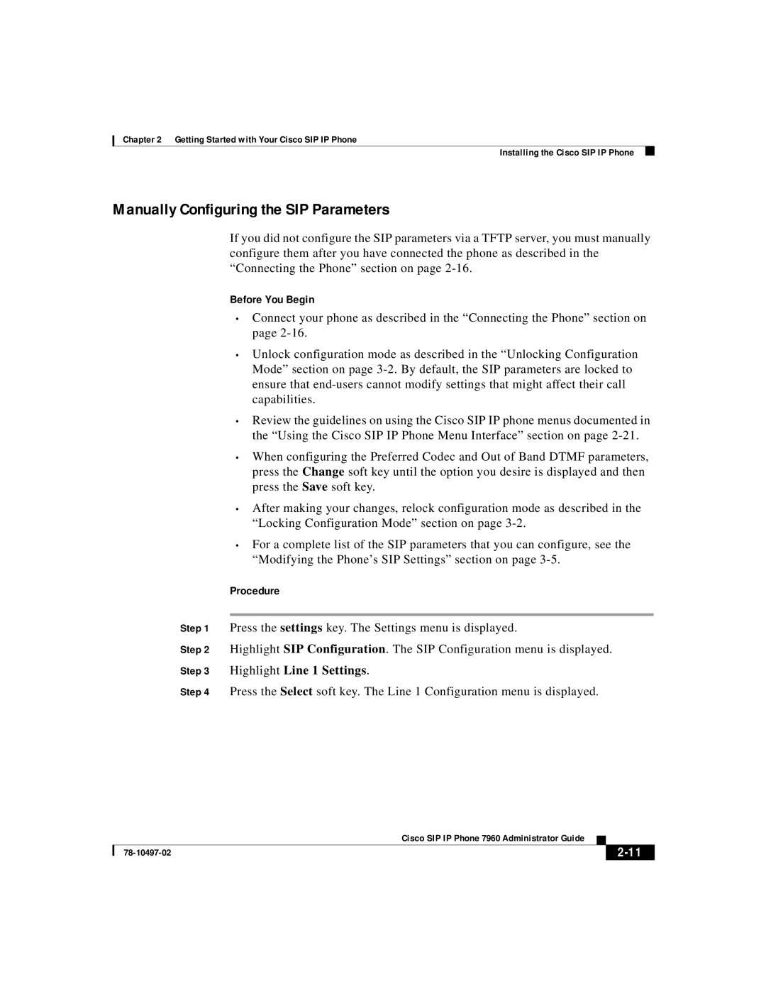 Cisco Systems IP phone 7960 manual Manually Configuring the SIP Parameters 