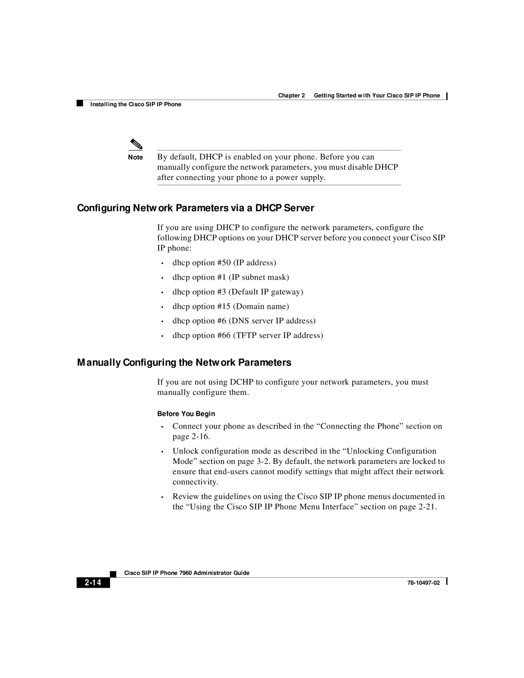 Cisco Systems IP phone 7960 manual Configuring Network Parameters via a Dhcp Server 