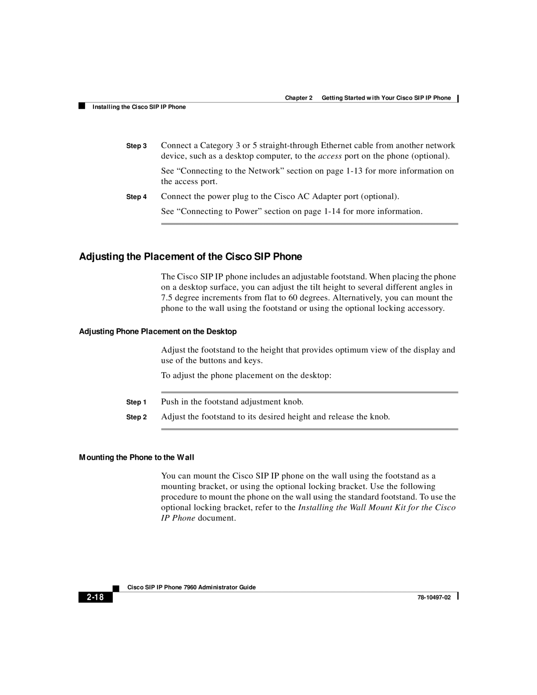 Cisco Systems IP phone 7960 manual Adjusting the Placement of the Cisco SIP Phone 