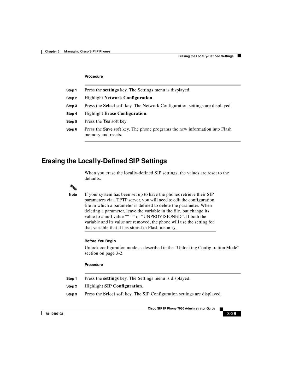 Cisco Systems IP phone 7960 manual Erasing the Locally-Defined SIP Settings, Highlight Erase Configuration 