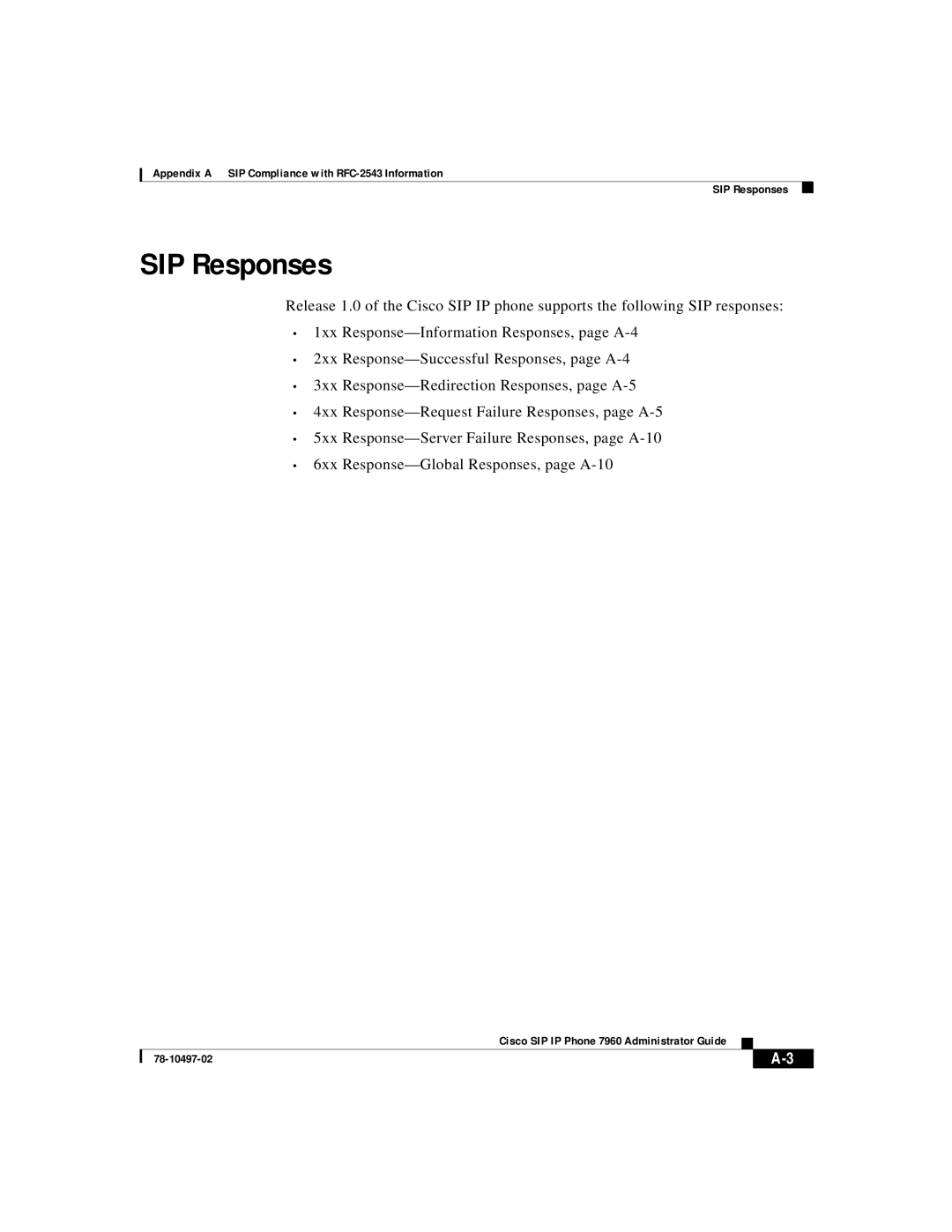 Cisco Systems IP phone 7960 manual SIP Responses 