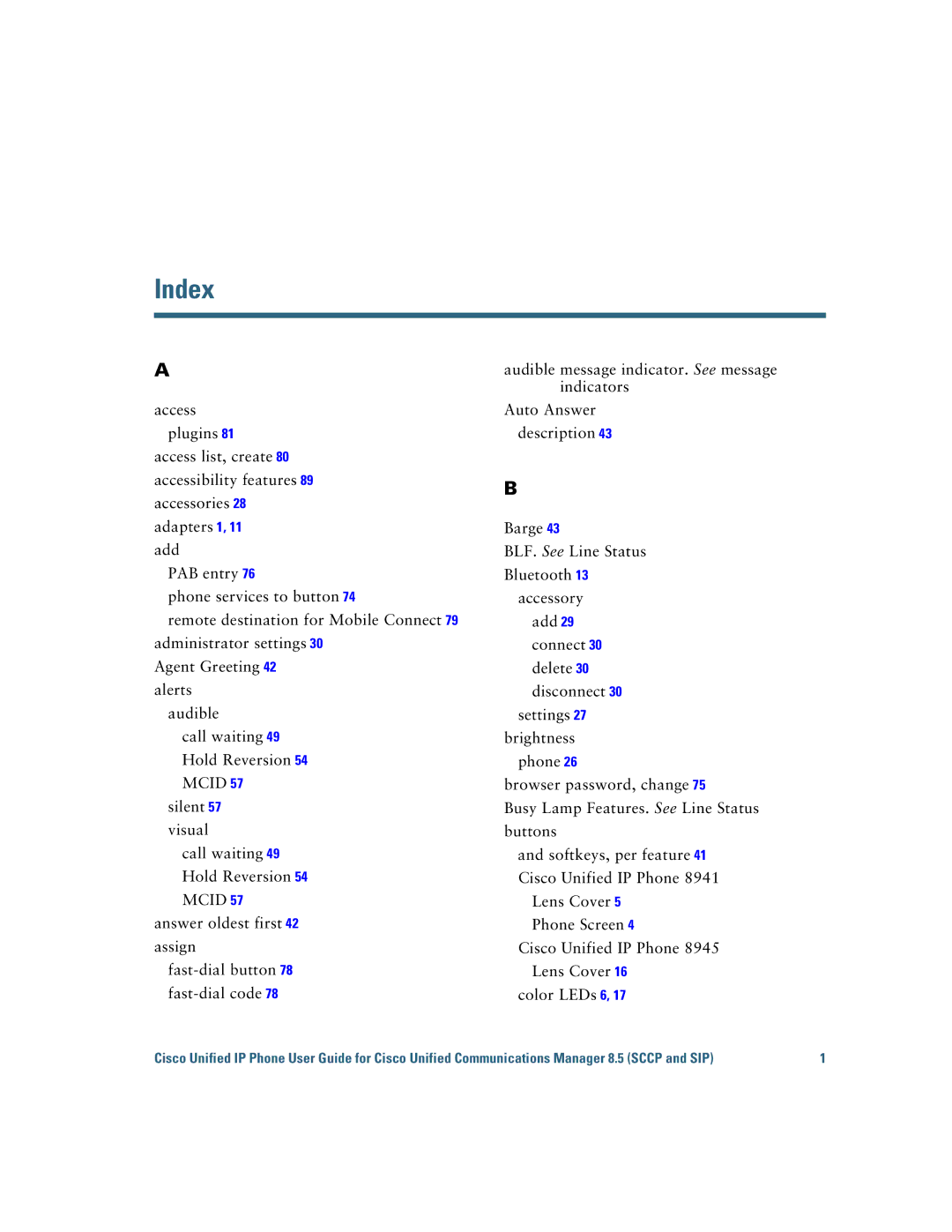 Cisco Systems IP Phone 8941 and 8945 manual Index 