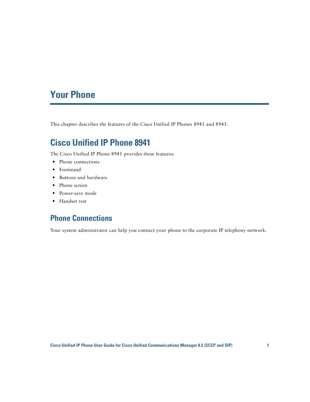 Cisco Systems IP Phone 8941 and 8945 manual Cisco Unified IP Phone, Phone Connections 