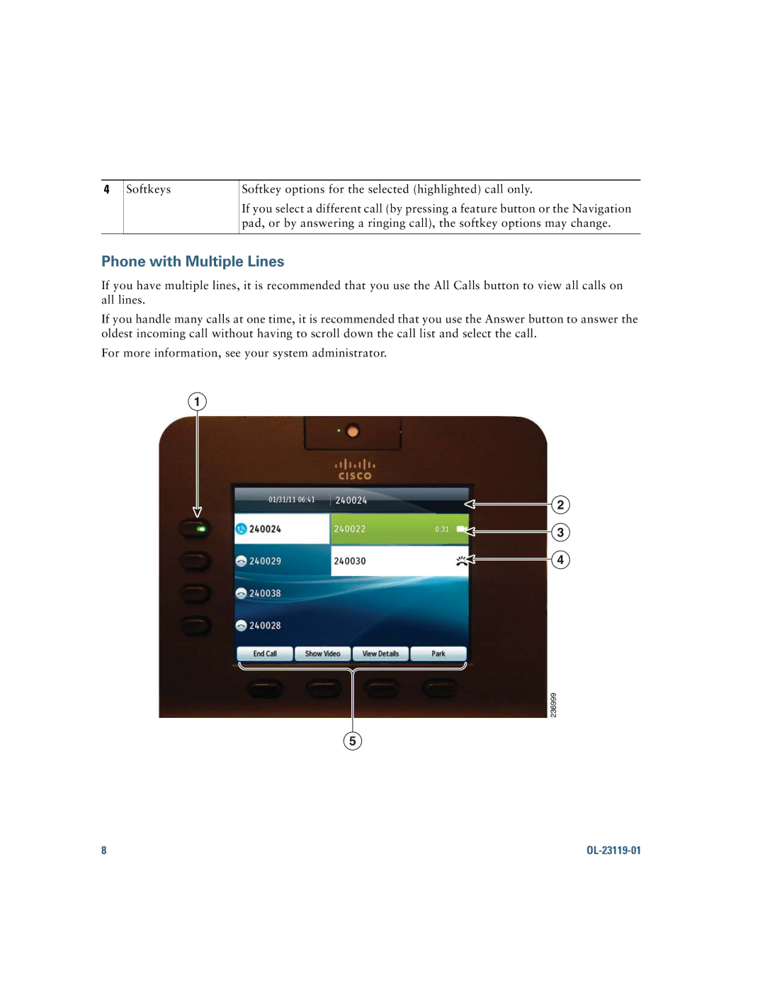 Cisco Systems IP Phone 8941 and 8945 manual Phone with Multiple Lines 