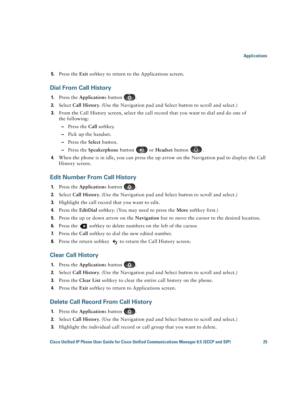 Cisco Systems IP Phone 8941 and 8945 manual Dial From Call History, Edit Number From Call History, Clear Call History 