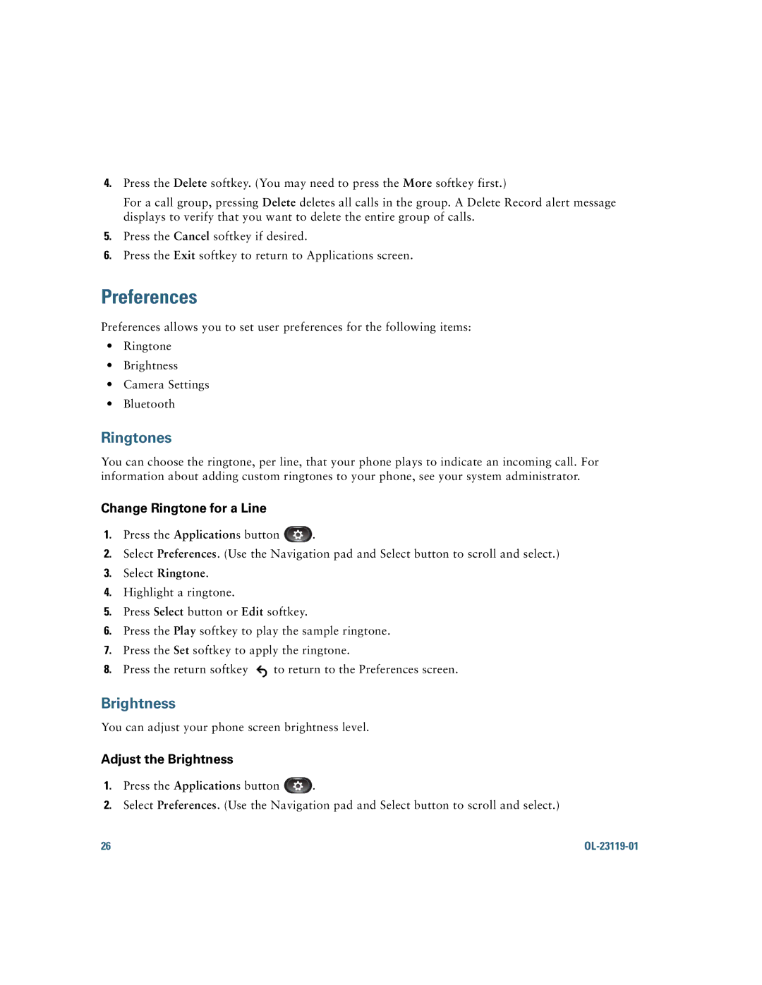 Cisco Systems IP Phone 8941 and 8945 manual Preferences, Ringtones, Brightness 