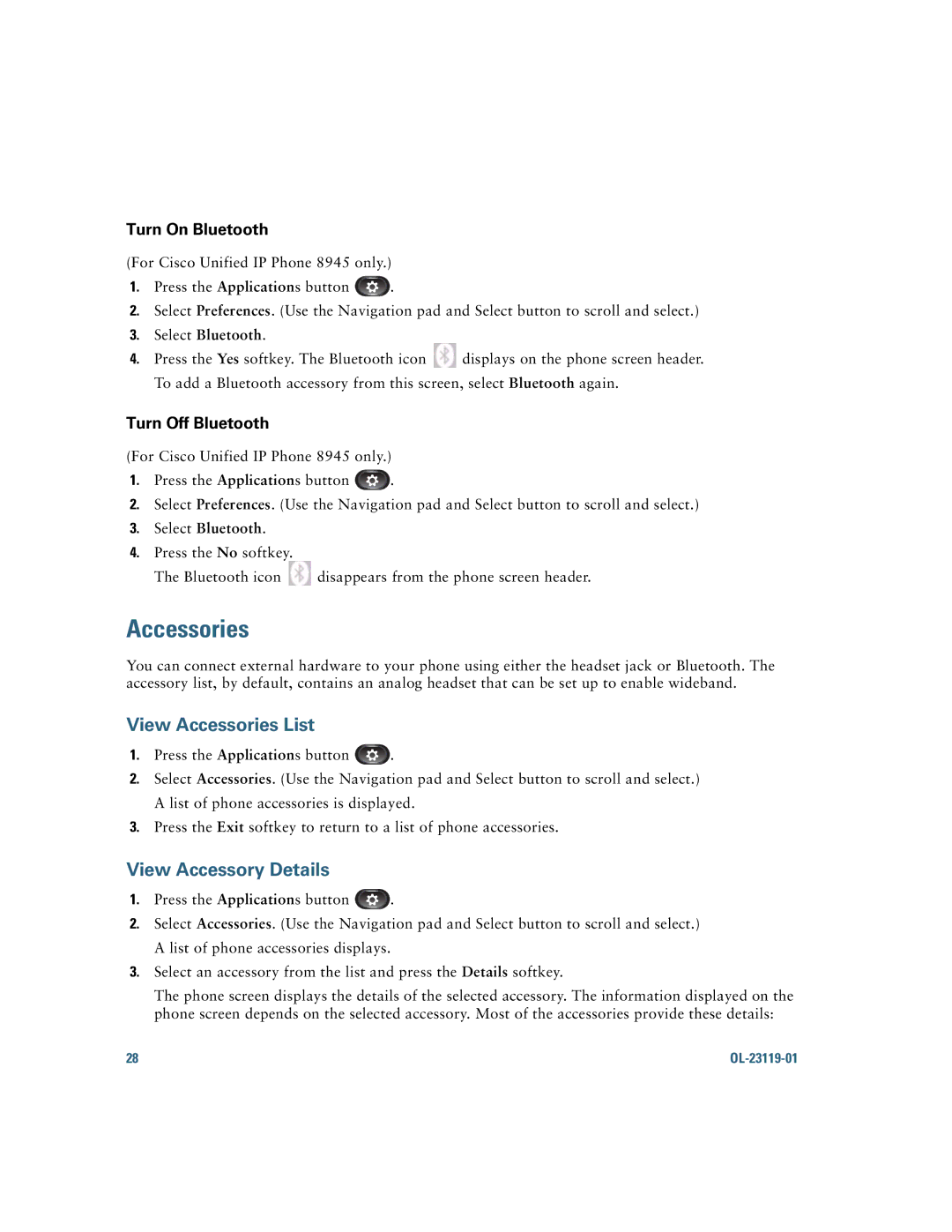 Cisco Systems IP Phone 8941 and 8945 manual View Accessories List, View Accessory Details, Select Bluetooth 