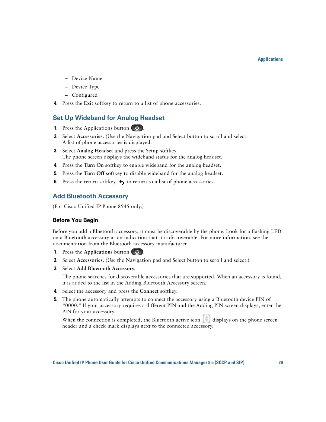 Cisco Systems IP Phone 8941 and 8945 manual Set Up Wideband for Analog Headset, Add Bluetooth Accessory 