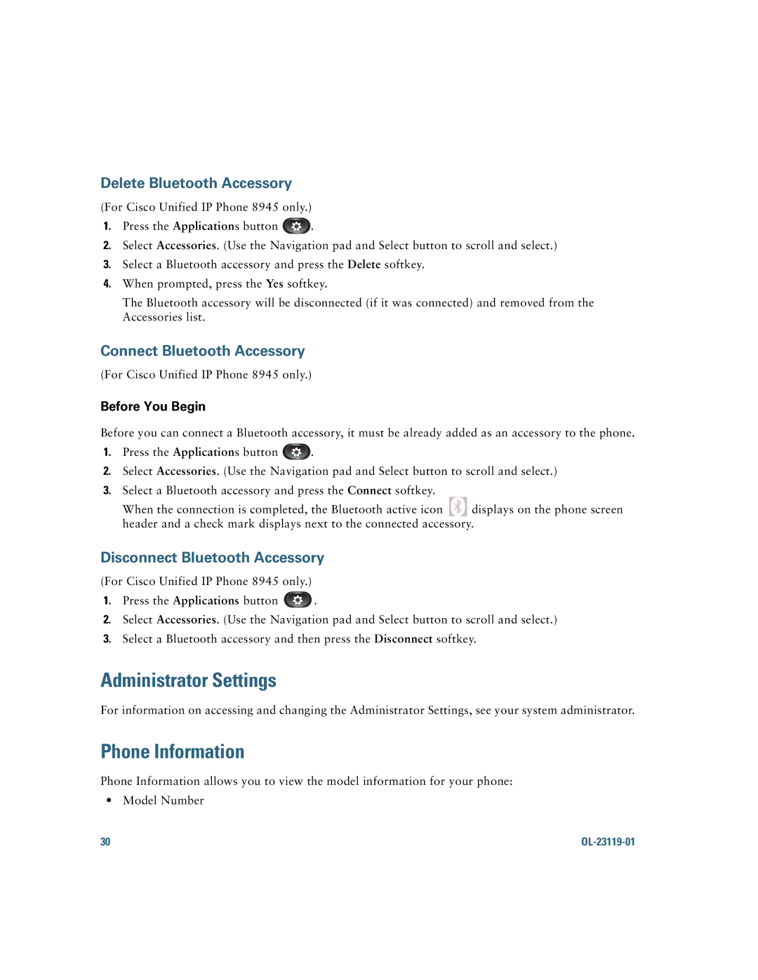 Cisco Systems IP Phone 8941 and 8945 manual Administrator Settings, Phone Information, Delete Bluetooth Accessory 