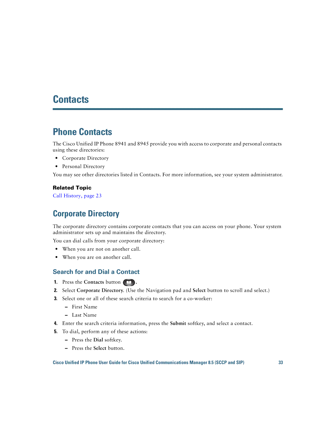 Cisco Systems IP Phone 8941 and 8945 manual Phone Contacts, Corporate Directory, Search for and Dial a Contact 