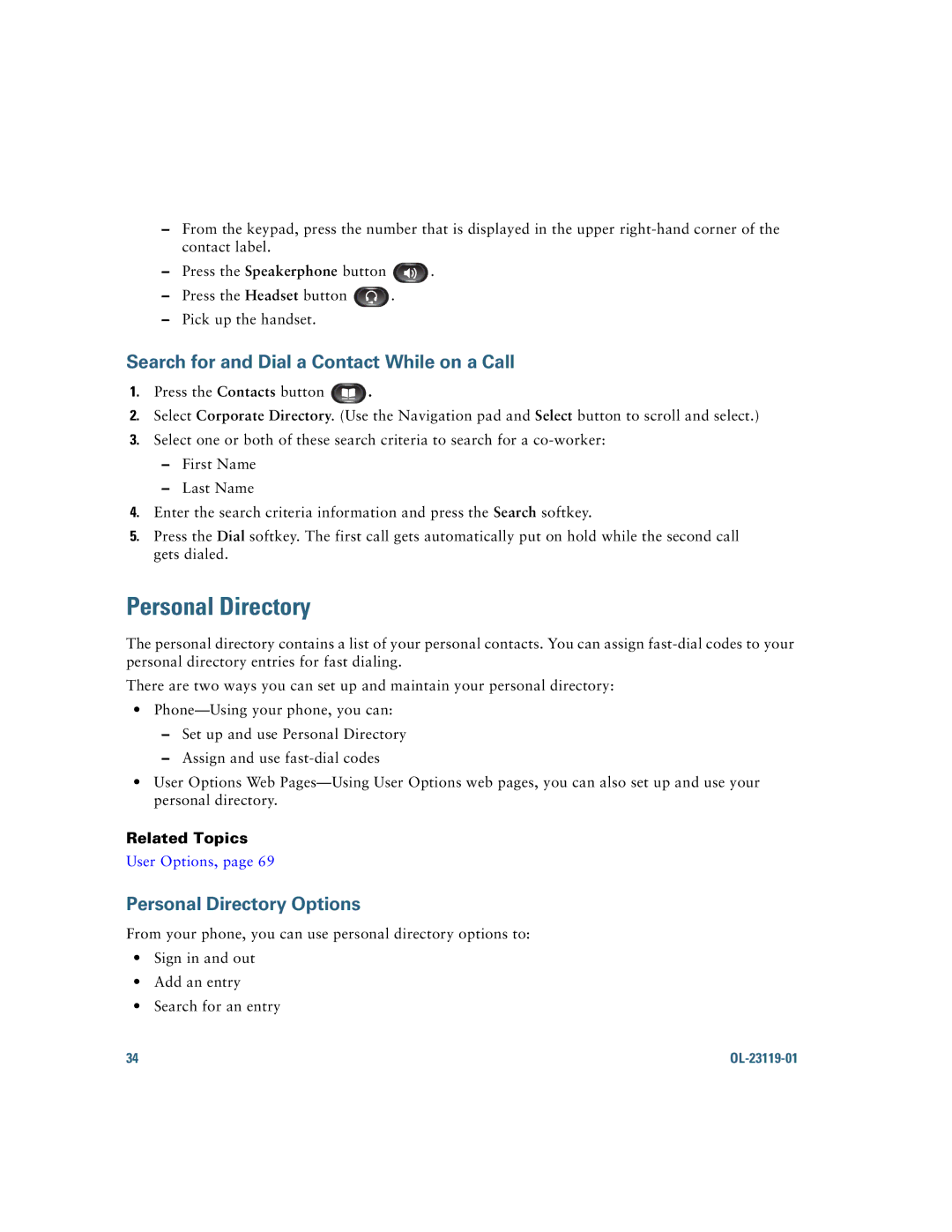 Cisco Systems IP Phone 8941 and 8945 manual Personal Directory, Search for and Dial a Contact While on a Call 