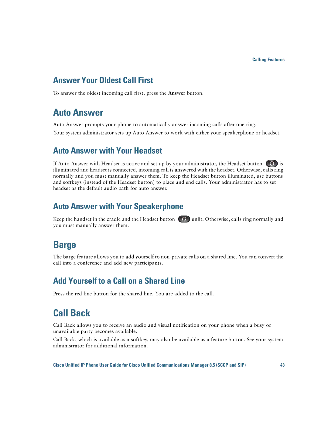 Cisco Systems IP Phone 8941 and 8945 manual Auto Answer, Barge, Call Back 