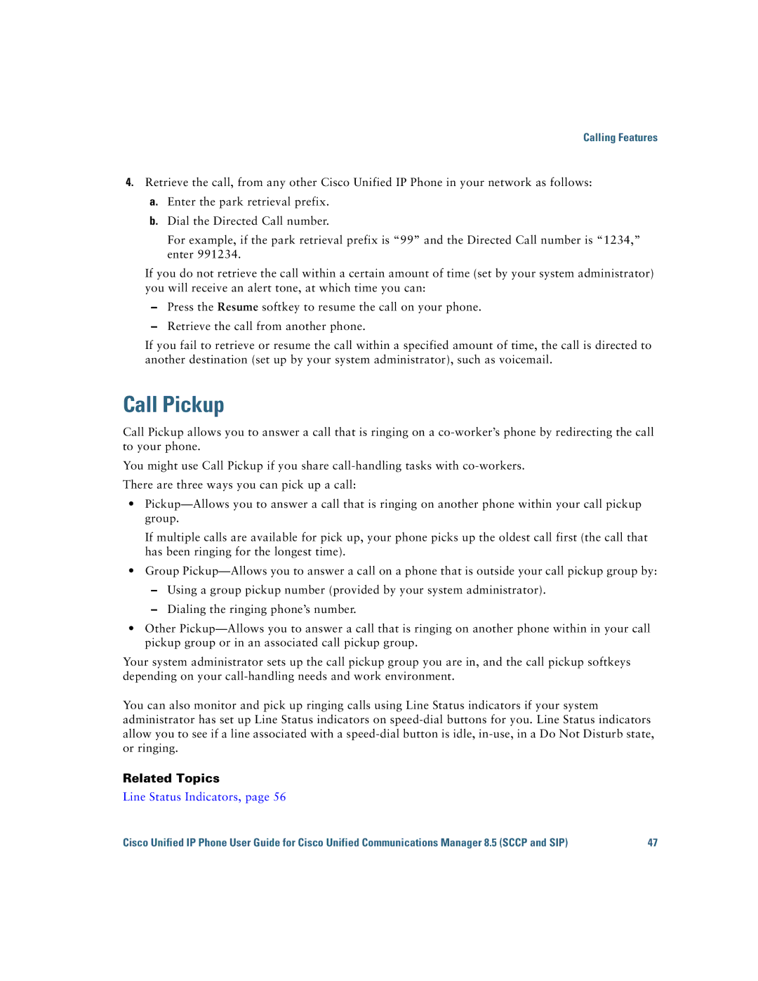 Cisco Systems IP Phone 8941 and 8945 manual Call Pickup, Line Status Indicators 