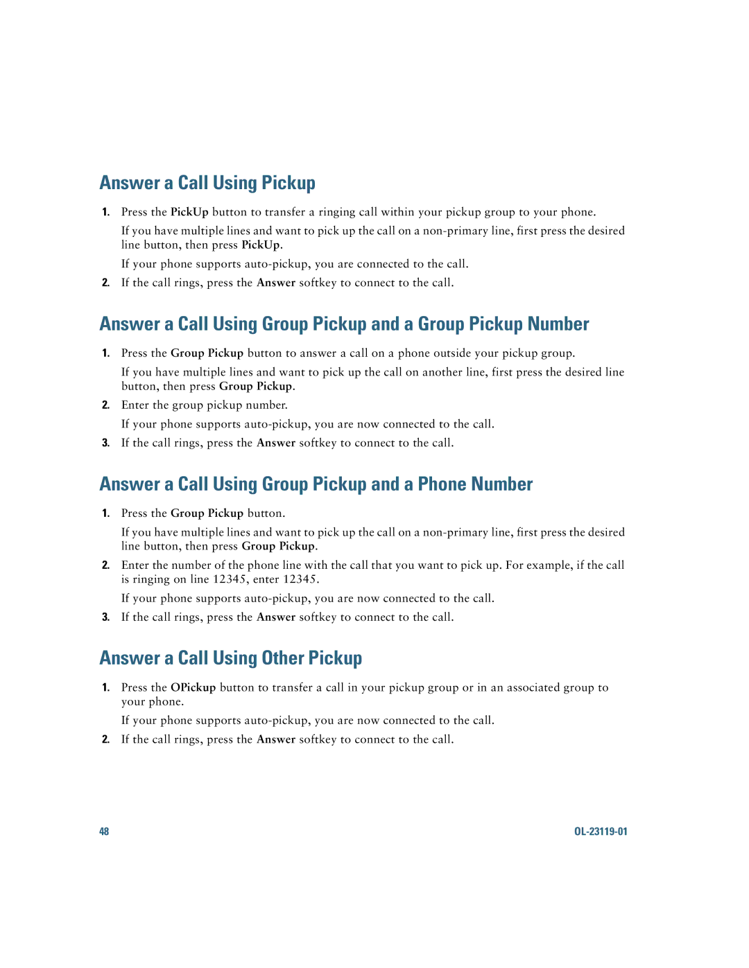 Cisco Systems IP Phone 8941 and 8945 manual Answer a Call Using Pickup, Answer a Call Using Group Pickup and a Phone Number 