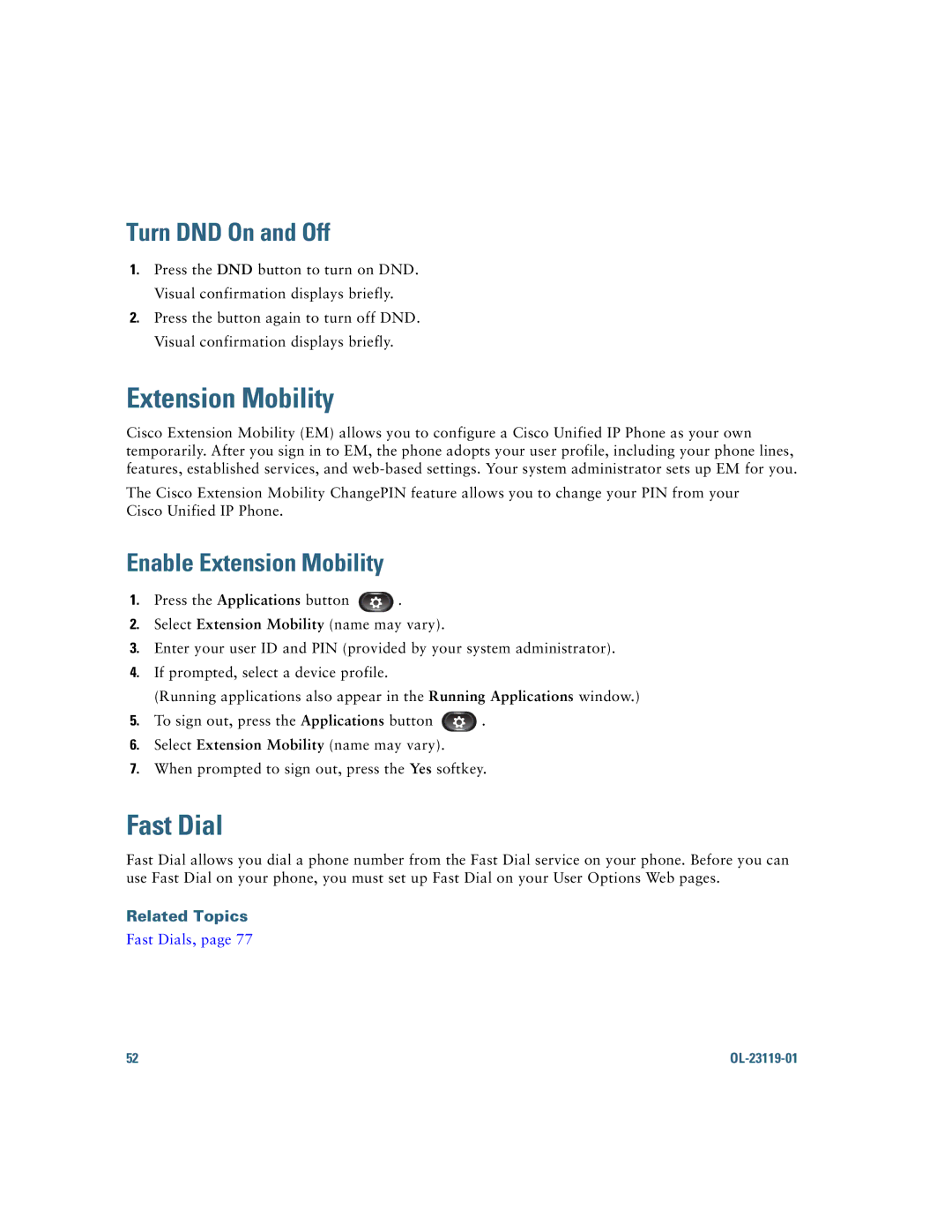 Cisco Systems IP Phone 8941 and 8945 manual Fast Dial, Turn DND On and Off, Enable Extension Mobility 