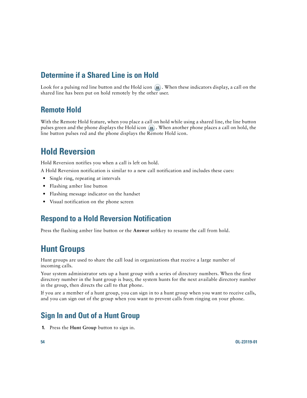 Cisco Systems IP Phone 8941 and 8945 manual Hold Reversion, Hunt Groups 