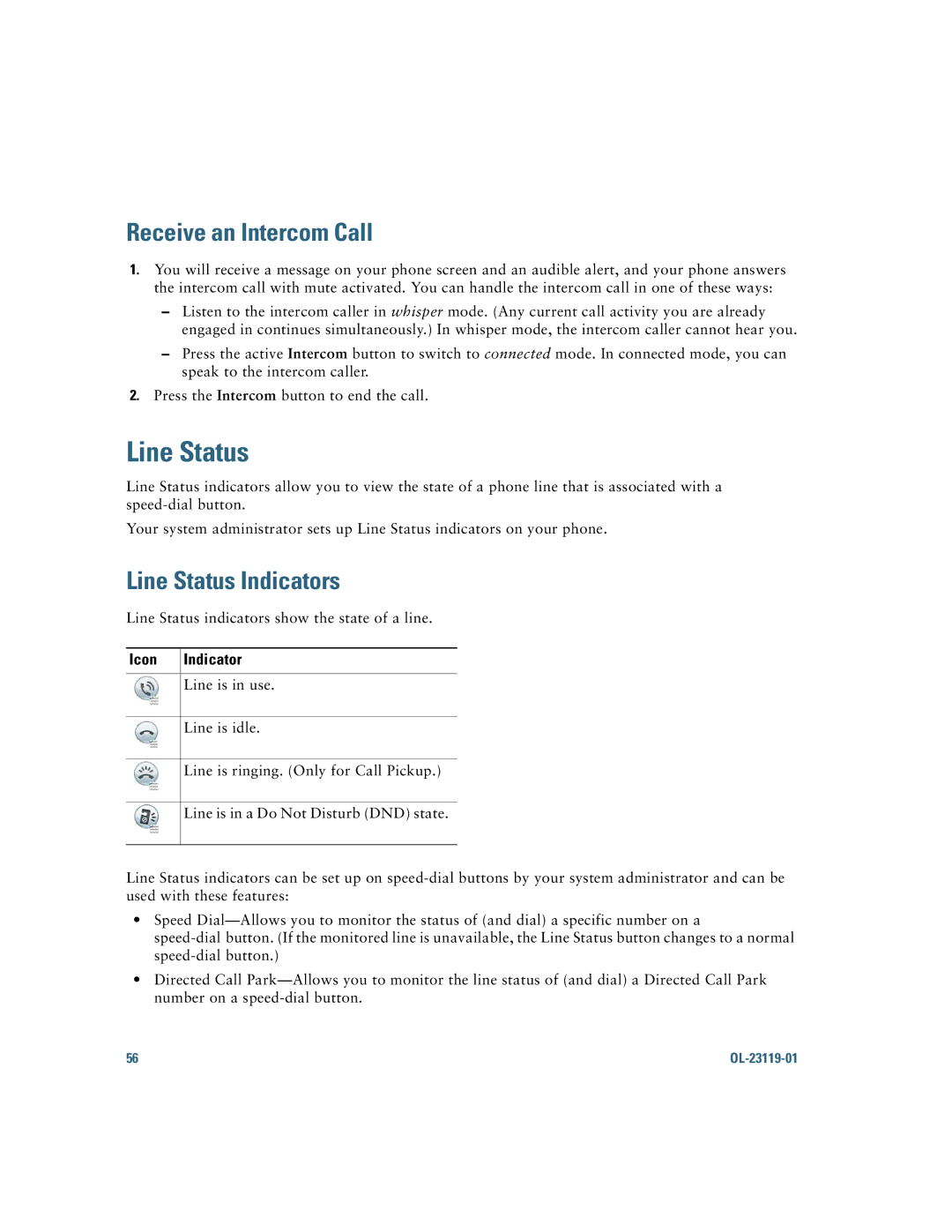 Cisco Systems IP Phone 8941 and 8945 manual Receive an Intercom Call, Line Status Indicators 