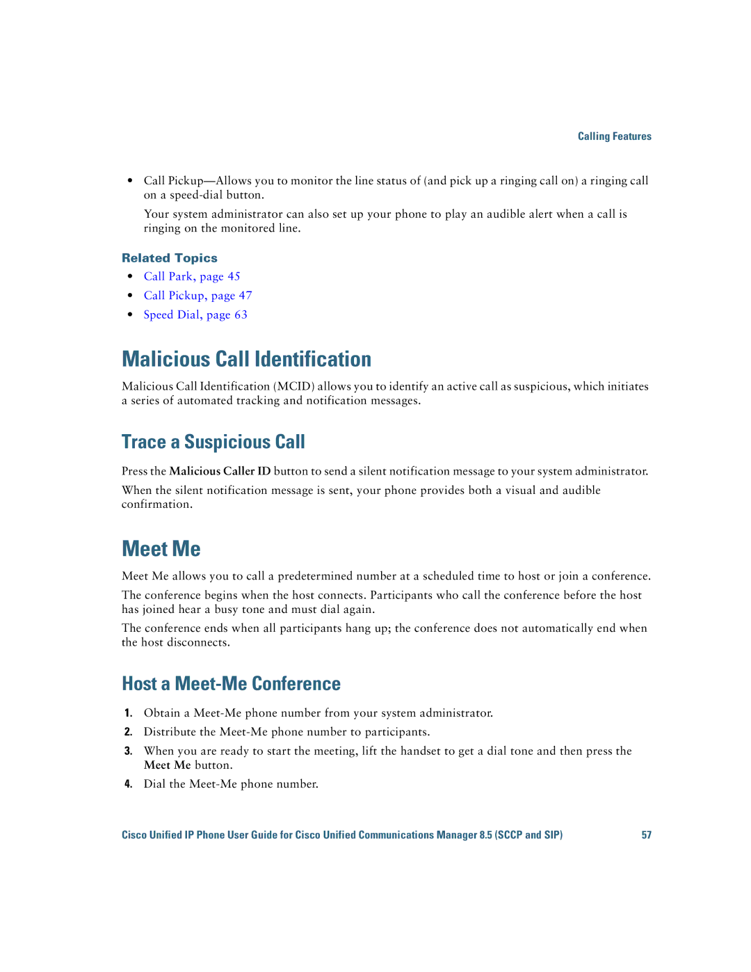 Cisco Systems IP Phone 8941 and 8945 manual Malicious Call Identification, Meet Me, Trace a Suspicious Call 