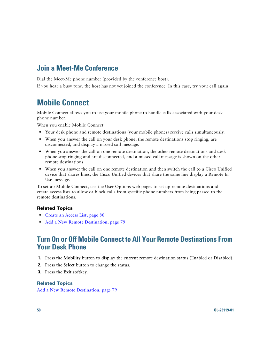 Cisco Systems IP Phone 8941 and 8945 manual Mobile Connect, Join a Meet-Me Conference 