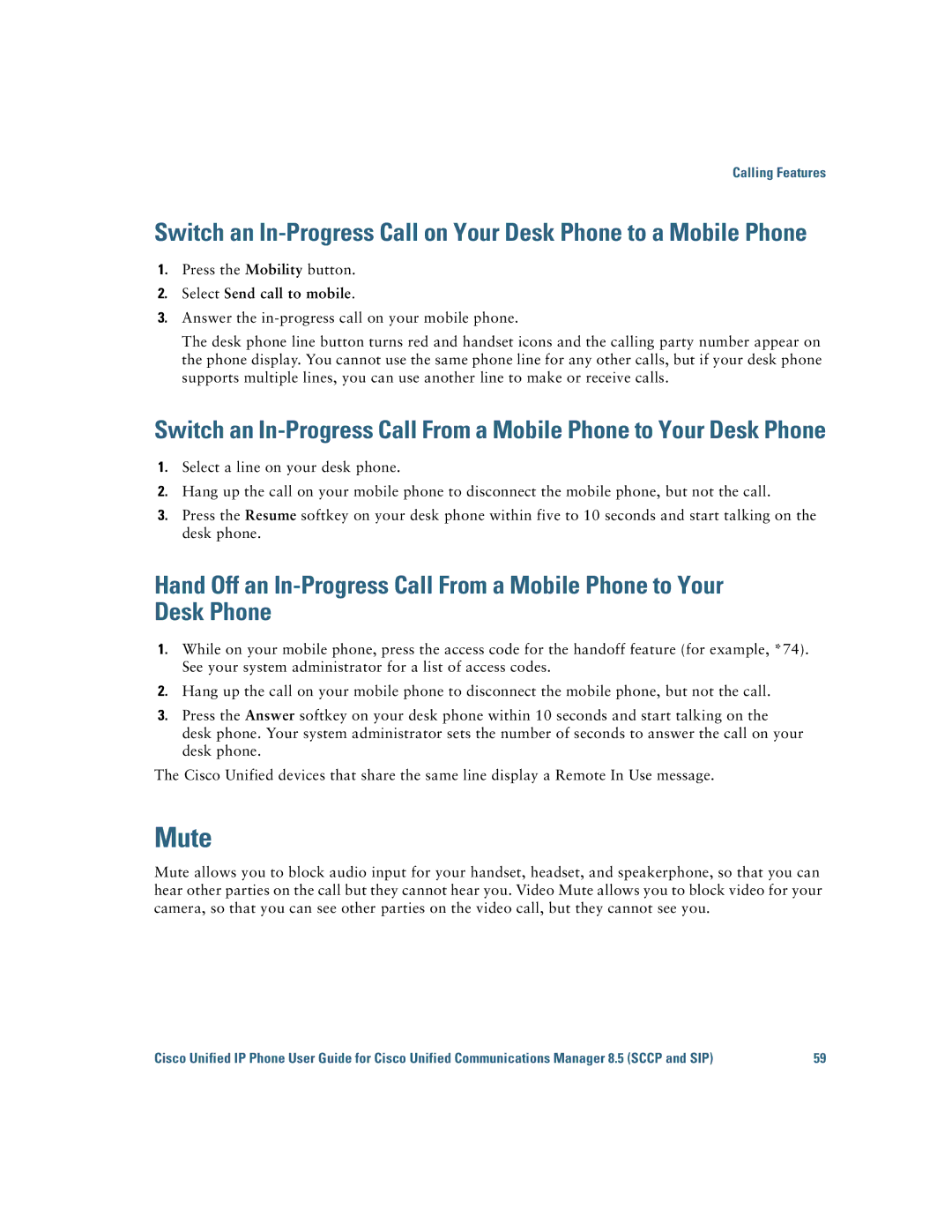 Cisco Systems IP Phone 8941 and 8945 manual Mute, Select Send call to mobile 